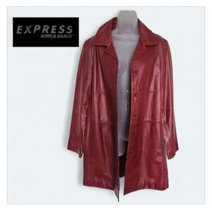 VINTAGE Express World Brand Women's Red Leather Jacket Size Large 13/14 Coat Y2K
